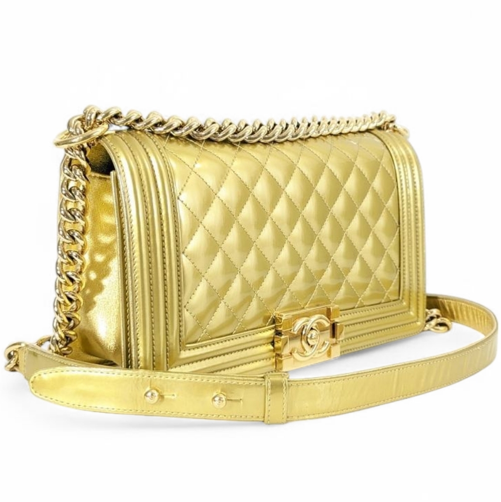 ✨️Super Rare Authentic Chanel Boy Flap Gold Quilted Patent Medium Bag - Picture 11 of 16